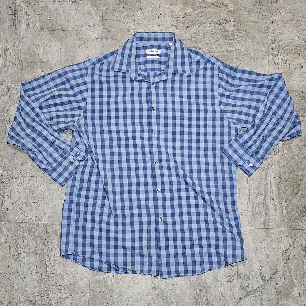 Men’s Calvin Klein Dress Shirt Large Long sleeve Blue And Grey Check Regular Fit - Picture 8 of 8
